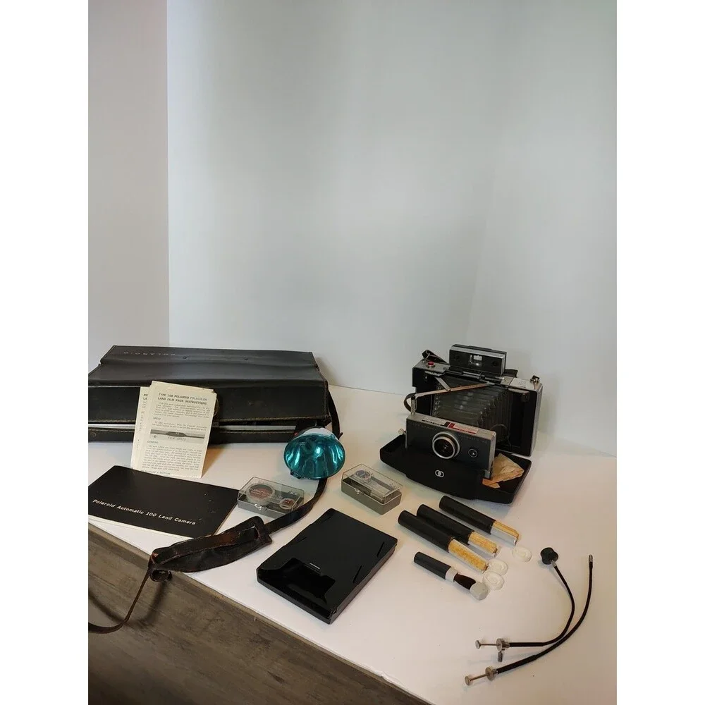 READ***Vtg Polaroid Automatic 100 Land Camera Bundle w/Manual/Filters/Flash/Case